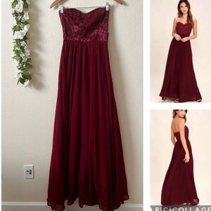 Lulus Red Burgundy Embroidered Bustier Chiffon Strapless Ballgown Maxi Dress